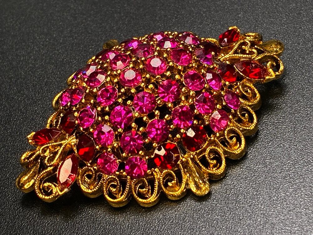 Vintage Pink & Red Rhinestone Filigree Brooch